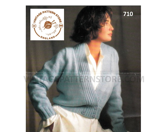 Ladies Womens 90s rib edge double breasted V neck DK cardigan jacket pdf knitting pattern 32" to 42" chest Instant PDF download 710