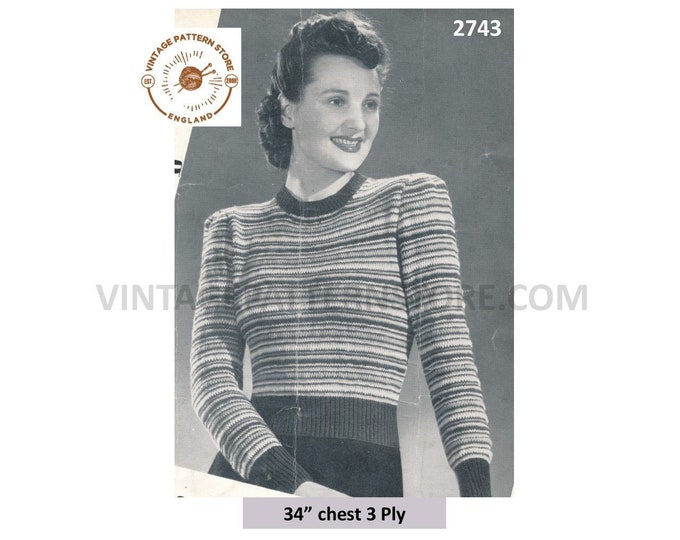 Ladies Womens 30s vintage round neck boxy box shoulder 3 ply striped raglan sweater jumper pdf knitting pattern 34" chest PDF download 2743