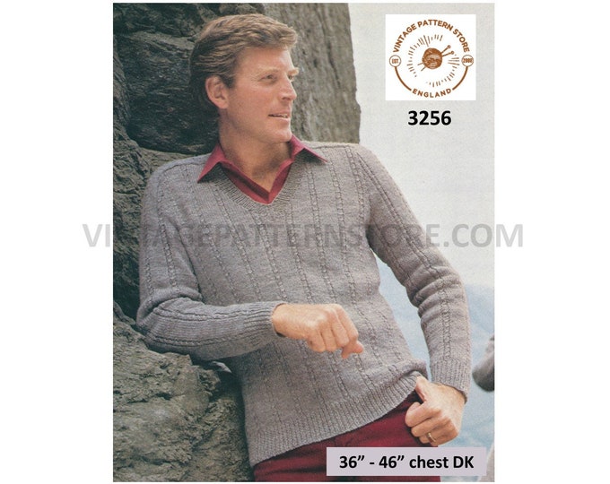 Mans Mens 80s vintage DK V neck cable rib ribbed raglan sweater jumper pullover pdf knitting pattern 36" to 46" chest Instant download 3256