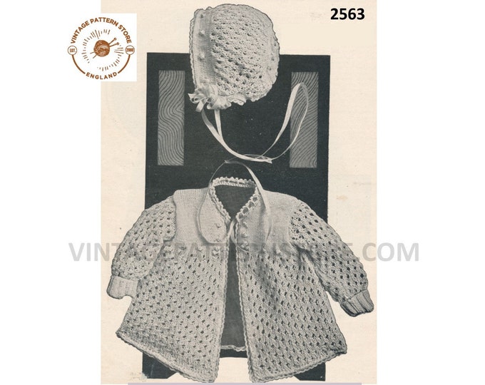 Baby Babies vintage Edwardian picot edge lacy raglan matinee coat jacket & bonnet pdf knitting pattern Size unstated PDF download 2563