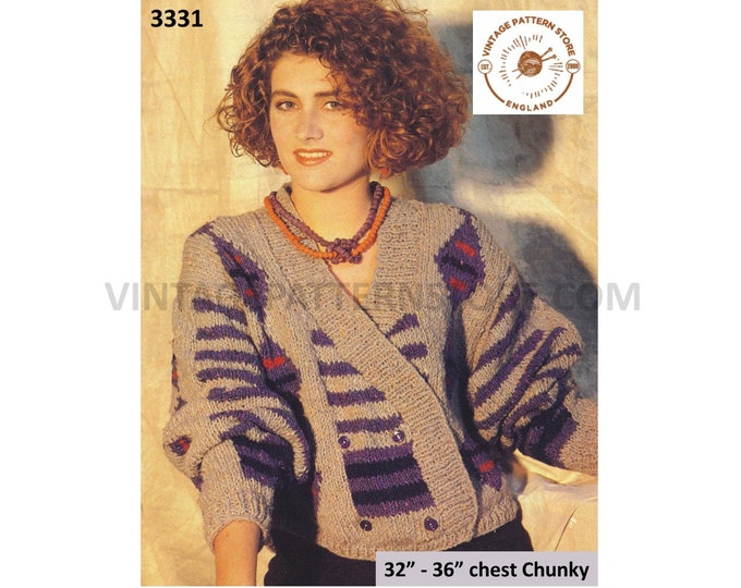 Ladies Womens 80s vintage V neck crossover double breasted chunky knit Intarsia dolman jacket pdf knitting pattern 32" to 36" Download 3331