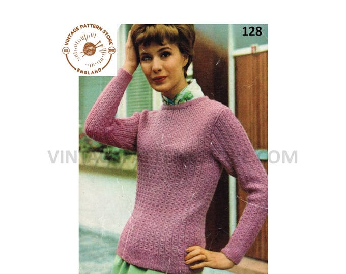 Ladies Womens Mens 70s vintage DK round neck cabled cable rib ribbed raglan sweater jumper pdf knitting pattern 32" to 40" Download 128