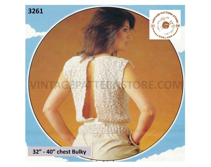 Ladies Womens 90s easy to knit backless round neck cap sleeve slipover sweater vest Summer top pdf knitting pattern 32" to 40" Download 3261