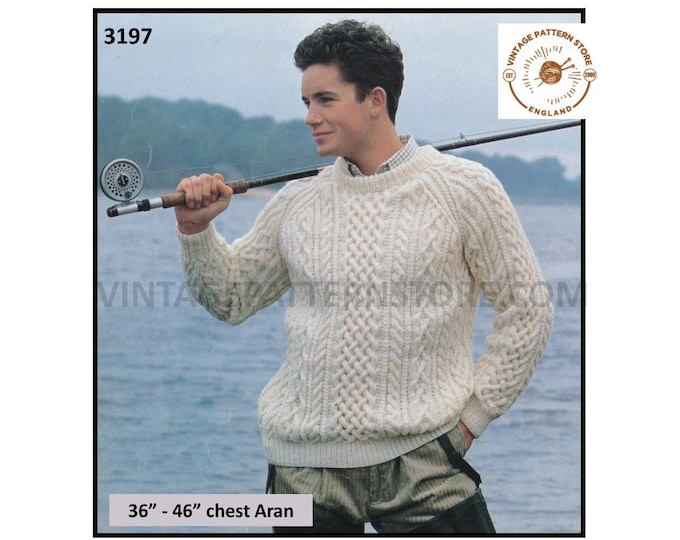 Mens Mans 90s crew neck cable cabled aran raglan sweater jumper pdf knitting pattern 36" to 46" chest Instant PDF download 3197