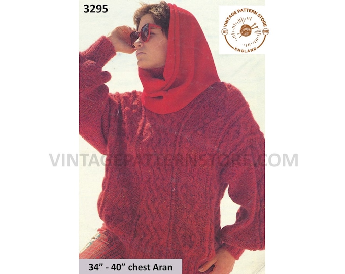 Womens Ladies 80s vintage round neck drop shoulder cable cabled dolman aran sweater jumper pdf knitting pattern 34" to 40" PDF Download 3295