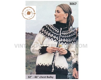 Ladies Womens 80s Vintage Icelandic fair isle yoke yoked bulky knit raglan cardigan pdf knitting pattern 32" to 46" Instant Download 3067