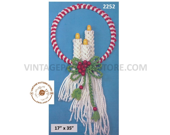 70s vintage Macrame Christmas Holiday candles door wreath decoration ornament pdf macrame pattern 35" by 17" Instant PDF download 2252