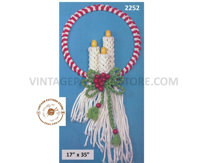 70s vintage Macrame Christmas Holiday candles door wreath decoration ornament pdf macrame pattern 35" by 17" Instant PDF download 2252