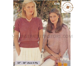 Ladies Womens 80s V neck 4 ply lacy short sleeve Summer sweater & cardigan twin set pdf knitting pattern 32" to 38" chest PDF download 3246