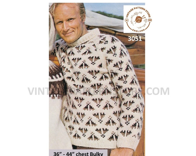 Mens Mans 80s vintage bulky knit polo neck turtleneck fair isle banded raglan sweater jumper pdf knitting pattern 36" to 44" Download 3051