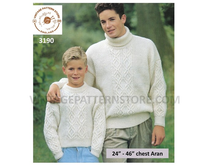 Mens Mans Boys 90s polo crew neck cabled cable panel drop shoulder dolman aran sweater jumper pdf knitting pattern 24" to 46" Download 3190