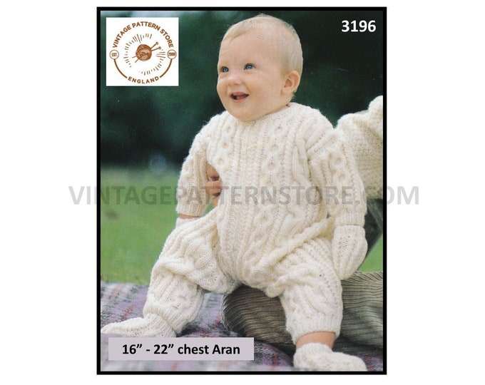 Baby Babies 90s aran round neck cable cabled all in one romper playsuit mittens & booties pdf knitting pattern 16" to 22" Download 3196