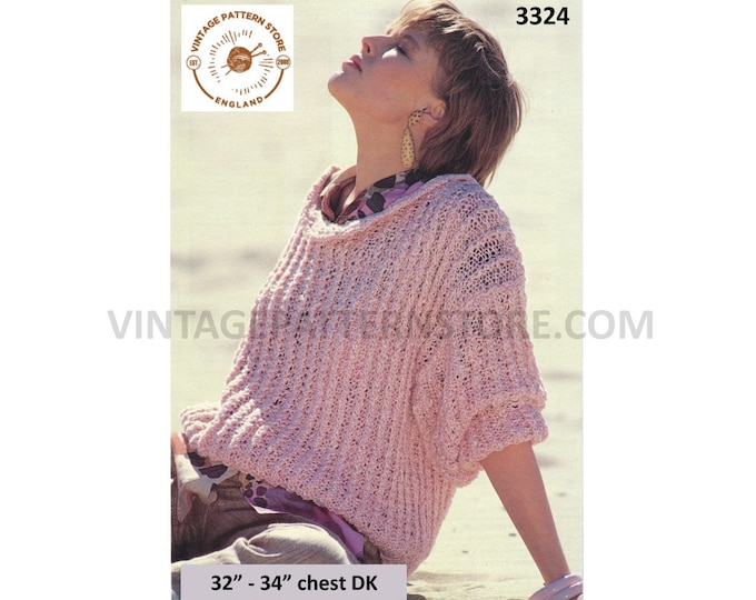 Ladies Womens 80s vintage round neck drop shoulder lacy striped DK sweater jumper pdf knitting pattern 32" to 34" bust Instant Download 3324
