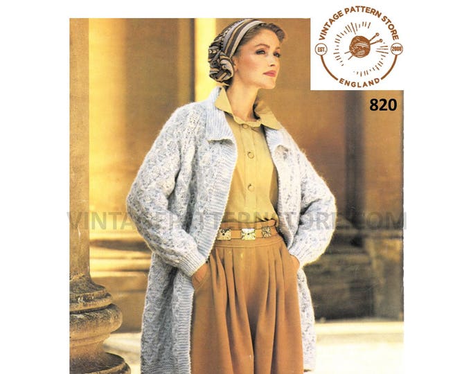 Ladies Womens 80s vintage chunky knit long line lattice cable cabled raglan jacket coat pdf knitting pattern 32" to 38" chest Download 820