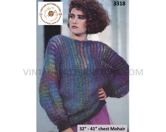 Ladies Womens 80s slash neck sideways knitted drop stitch lacy lace striped mohair sweater pdf knitting pattern 32" to 41" PDF Download 3318
