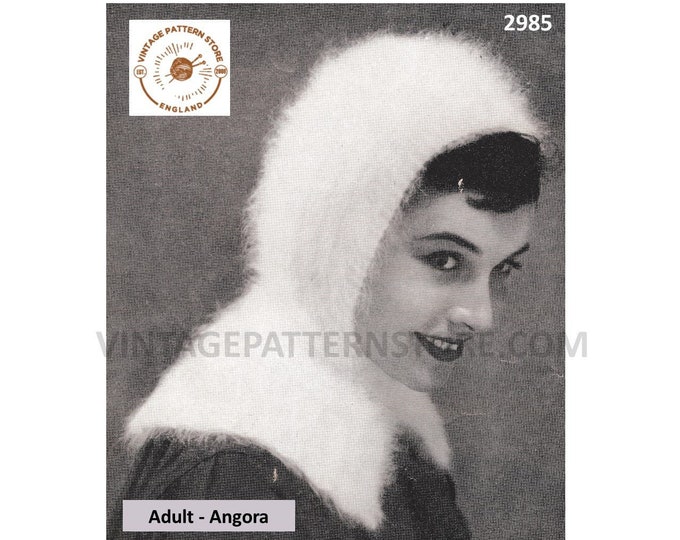 Ladies Womens 50s vintage easy to knit angora balaclava parka hood pdf knitting pattern One Size Adult Instant PDF download 2985