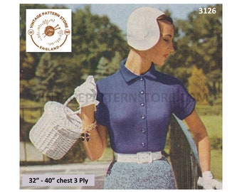 Ladies Womens 50s Vintage easy to knit round neck collared short sleeve summer cardigan pdf knitting pattern  32" to 40" bust Download 3126