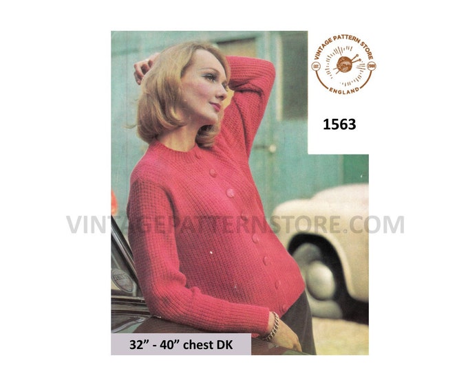 Ladies Womens 60s vintage plain and simple easy to knit round neck DK raglan cardigan pdf knitting pattern 32" to 40" Instant Download 1563