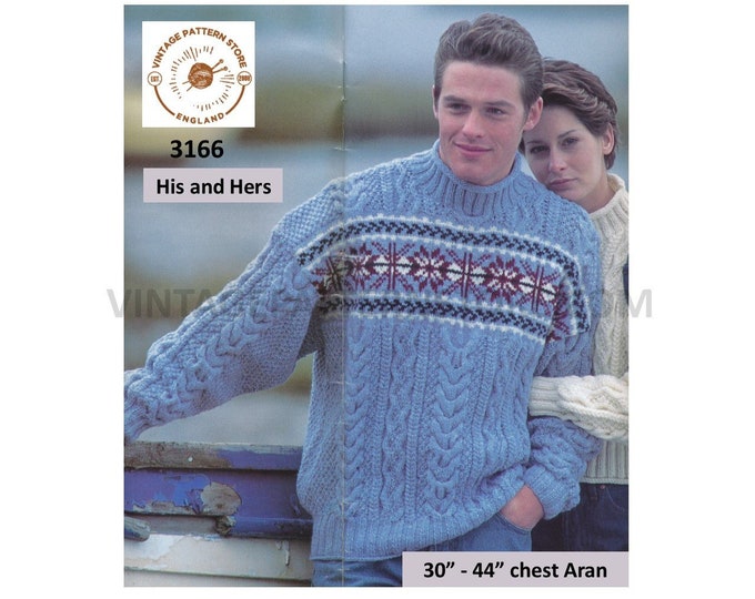 Ladies Womens Mens 90s funnel neck cabled fair isle drop shoulder dolman aran sweater jumper pdf knitting pattern 30" to 44" Download 3166