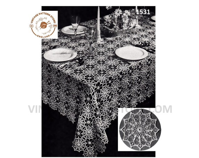 40s vintage Spanish lace crochet motif large rectangular table cloth pdf crochet pattern 72" by 90" Instant PDF Download 1531