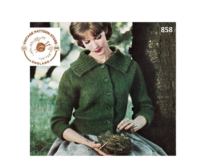 Ladies Womens 50s vintage easy to knit round neck collared raglan mohair cardigan pdf knitting pattern 34" to 38" chest PDF download 858