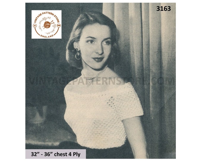 Ladies Womens 50s vintage 3 ply boat neck off shoulder lacy short sleeve evening top blouse pdf knitting pattern 32" to 36" Download 3163