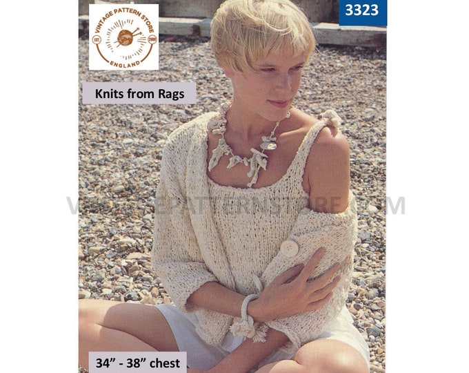 Ladies Womens 80s vintage summer twin set rag knitted strappy summer top & cardigan pdf knitting pattern 34" to 38" Instant Download 3323