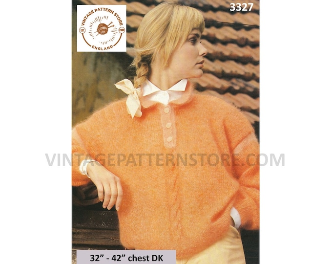 Ladies Womens 80s vintage DK shirt neck collared drop shoulder cable dolman sweater jumper pdf knitting pattern 32" to 42" Download 3327