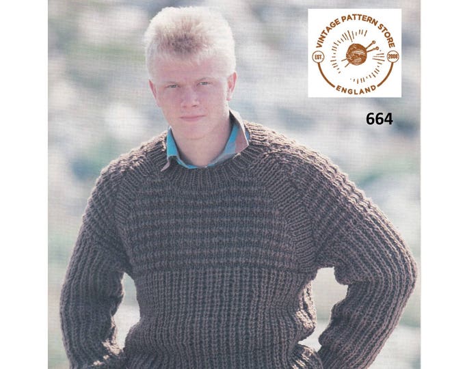 Mens Mans 90s DK easy to knit round neck texture and rib ribbed dolman sweater jumper pdf knitting pattern 36" to 42" chest PDF download 664