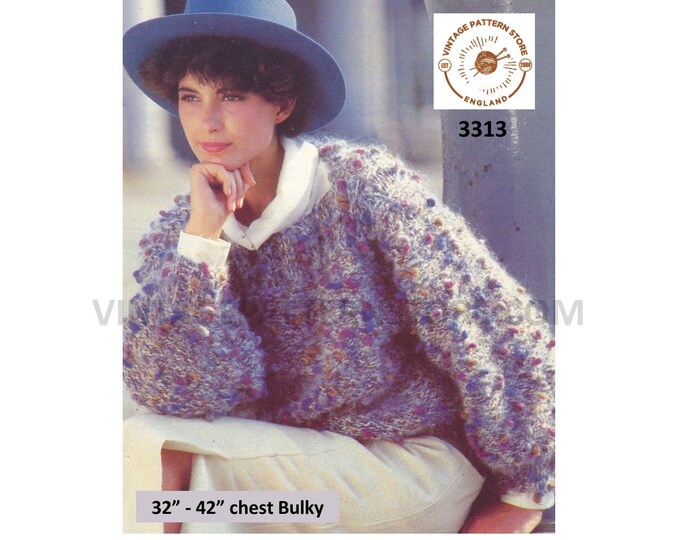 Womens Ladies 80s vintage bulky knit round neck drop shoulder bobble cable sweater jumper pdf knitting pattern 32" to 42" bust Download 3313
