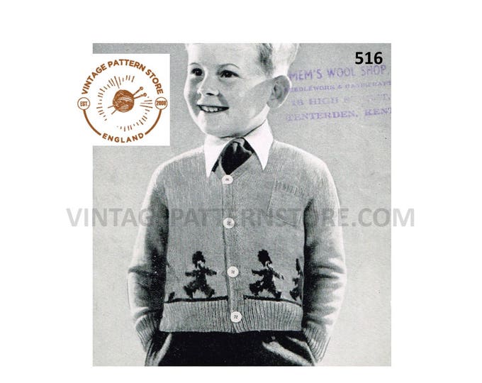 Boys 40s vintage 3 ply V neck toy soldier intarsia hem raglan cardigan pdf knitting pattern 25" chest Instant PDF download 516