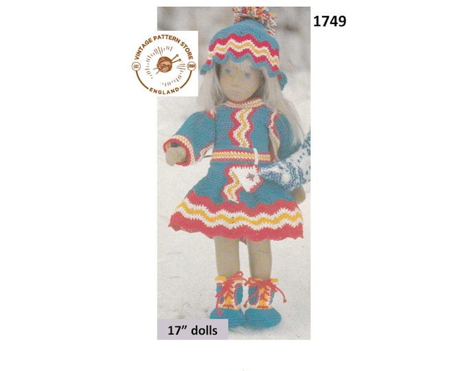 80s vintage 17" Dolls clothes dress hat and shoes pdf crochet pattern Instant PDF download 1749