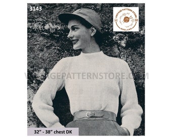 50s Sweater Knitting Pattern, DK Round Neck Raglan (32-38" Bust) (PDF Pattern)