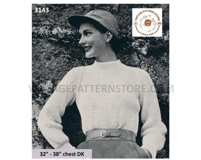 Ladies Womens 50s vintage simple and easy to knit DK round neck raglan sweater jumper pdf knitting pattern 32" to 38" PDF Download 3143