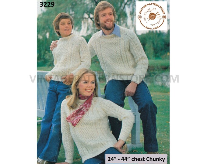 Womens Ladies Mens Boys Girls Womens 70s family chunky knit crew neck cabled raglan sweater pdf knitting pattern 24" to 44" Download 3229