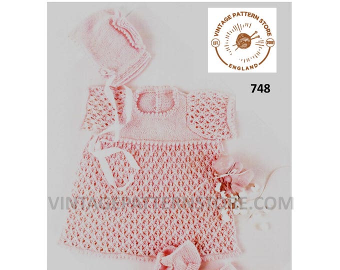Baby Babies 90s 4 ply picot lacy dress bonnet and booties bootees pdf knitting pattern 17" to 20" chest Instant PDF download 748