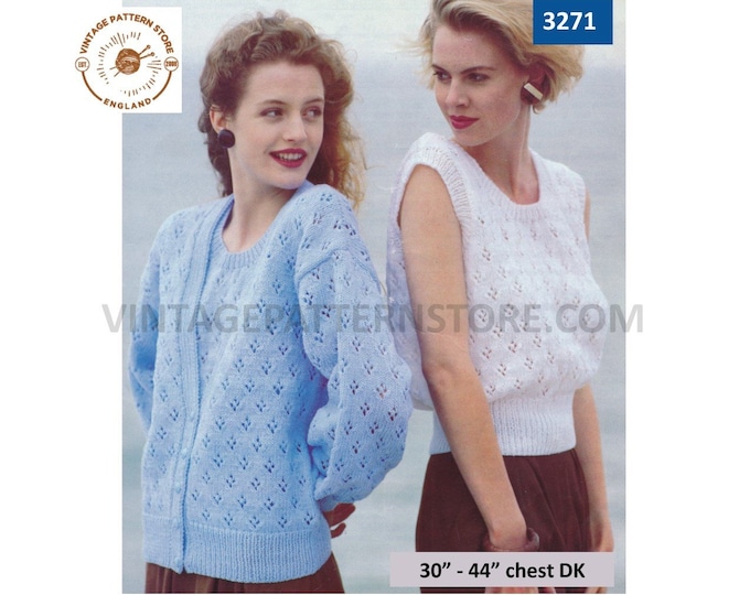 Ladies Womens 90s V neck eyelet lace lacy DK raglan cardigan & slipover Summer top pdf knitting pattern 30" to 44" chest PDF Download 3271