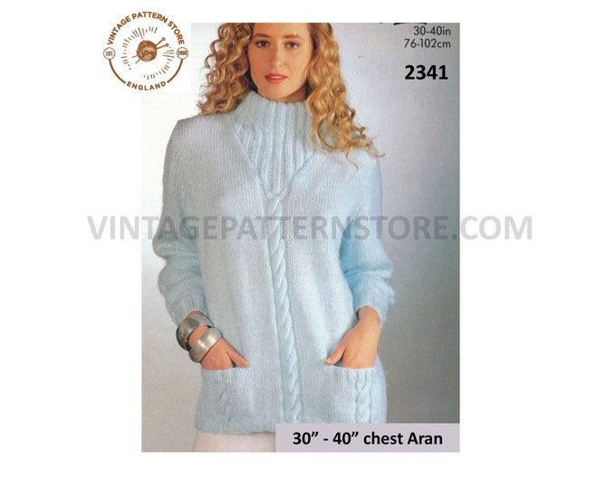 Ladies Womens 90s funnel neck long line cable cabled raglan aran sweater jumper with pockets pdf knitting pattern 30" to 40" Download 2341