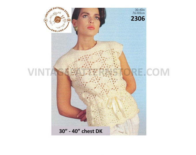 Ladies Womens 90s vintage cap sleeve DK lacy peplum slipover sweater vest Summer top pdf knitting pattern 30" to 40" chest download 2306