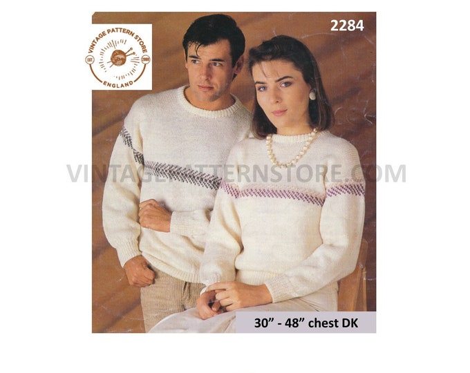 Ladies Womens Mens 80s vintage DK round neck fair isle banded raglan sweater jumper pdf knitting pattern 30" to 48" chest PDF download 2284