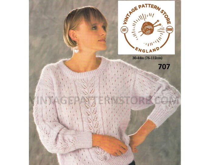 Ladies Womens 90s round neck leaf cable & lace lacy drop shoulder dolman DK sweater jumper pdf knitting pattern 32" to 44" Download 707