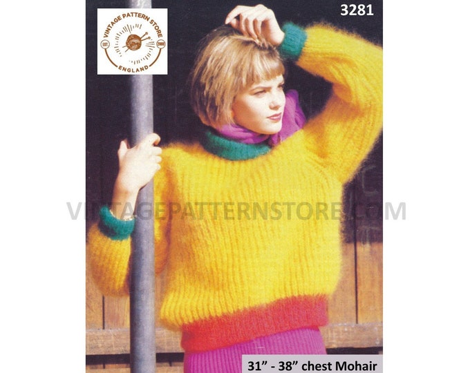 Womens Ladies 80s vintage easy to knit crew neck rib ribbed raglan mohair sweater jumper pdf knitting pattern 31" to 38" chest Download 3281