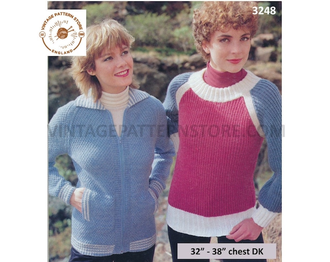 Ladies Womens 80s easy to knit DK zipped raglan sports jacket & 3 colour sweater jumper pdf knitting pattern 32" to 38" PDF download 3248