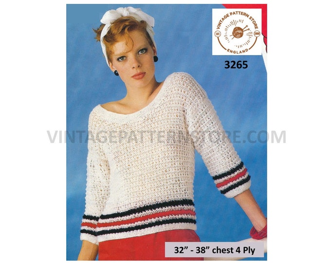 Ladies Womens 90s easy to knit boat neck short sleeve lacy striped 4 ply raglan sweater jumper pdf knitting pattern 32" to 38" Download 3265