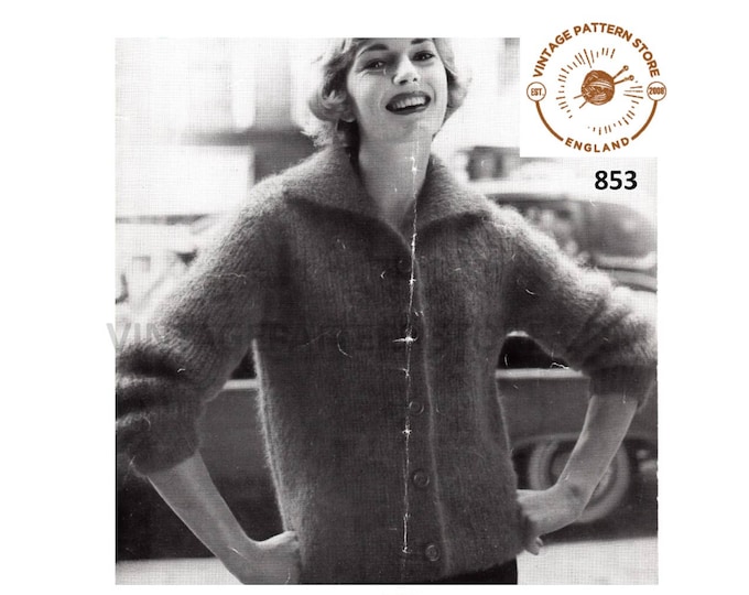 Ladies Womens 50s vintage easy to knit collared raglan mohair cardigan jacket pdf knitting pattern 34" to 38" chest Instant PDF download 853