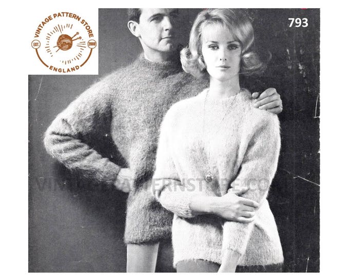 Ladies Womens Mens 50s vintage simple and easy to knit round neck raglan mohair sweater jumper pdf knitting pattern 34" to 44" Download 793