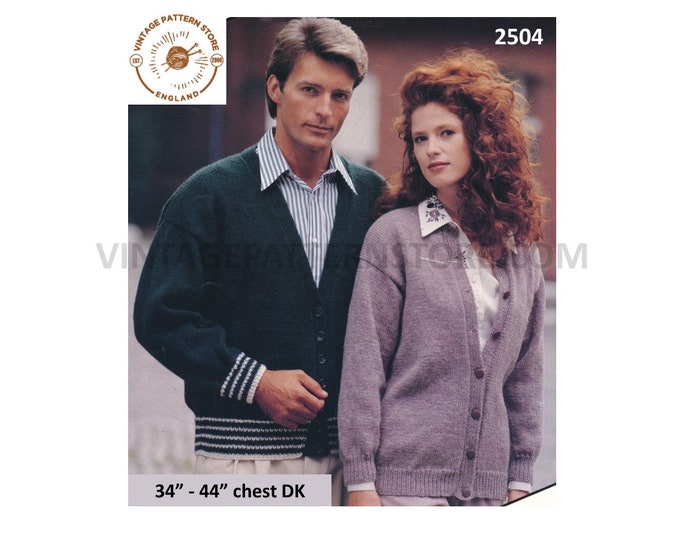 Ladies Womens Mens 90s plain and simple easy to knit V neck DK raglan cardigan pdf knitting pattern 34" to 44" Instant PDF download 2504