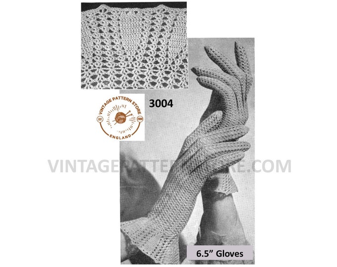 Womens Ladies 50s vintage lace lacy gauntlet gloves pdf crochet pattern 6.5" palm Instant PDF Download 3004