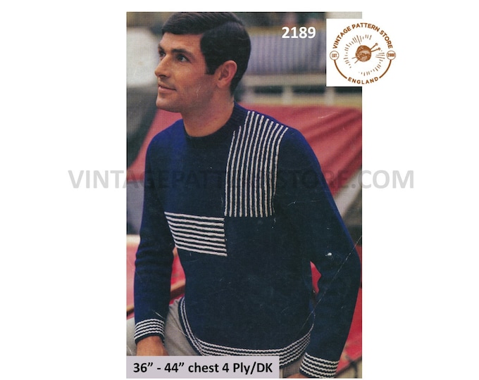 Mens Mans 70s vintage easy to knit check striped 4 ply or DK raglan sweater jumper pdf knitting pattern 36" to 44" chest PDF download 2189