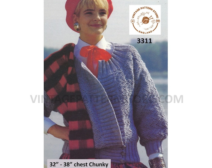 Ladies Womens 80s vintage round neck drop shoulder textured chunky knit wrap over jacket pdf knitting pattern 32" to 38" bust Download 3311